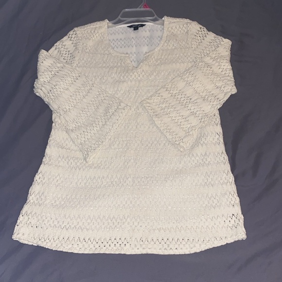 Ivory White Crochet Boho Bell-Sleeved Notch-Neck Flare Krazy Kat Tunic sz M - Picture 6 of 16